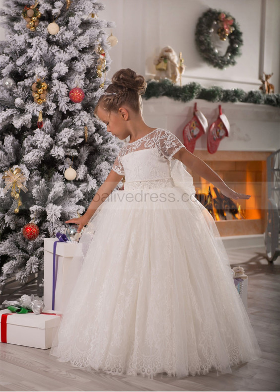 Ivory Lace Tulle Short Sleeves Long Flower Girl Dress